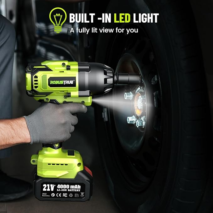 Robustrue Cordless Impact Wrench, 885Ft-lbs (1200N.m) 1/2" Brushless Impact Gun, 21V High Torque Power Impact Driver, 2x4.0Ah Batteries Electric Impact Motor Variable Speeds for Car/Truck RV/Mower