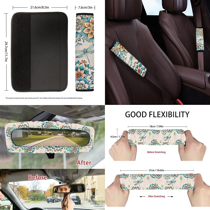 Suobstales Boho Dragonfly Mandala Print Car Seat Covers Set of 13 with Universal Steering Wheel Cover, Rearview Mirror Cover, Car Trash Can, Seatbelt Pads, Cup Holder Coasters, Keychains