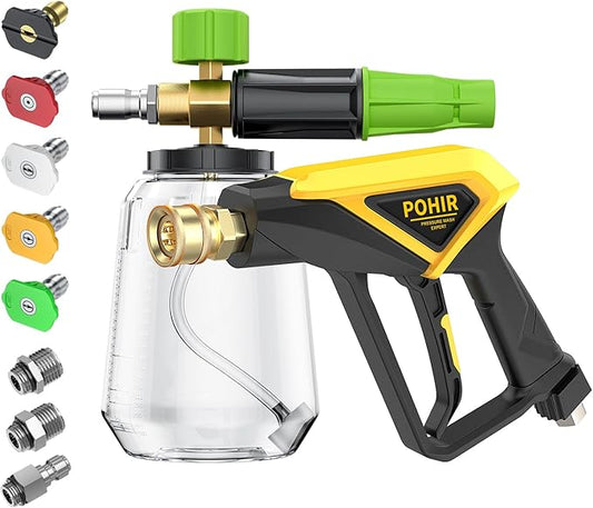 POHIR Short Pressure Washer Gun with Foam Cannon, 1/4 Inch Quick Connector, with 5 Pressure Washer Nozzle Tips 4500 PSI,Transparent 1 Liter