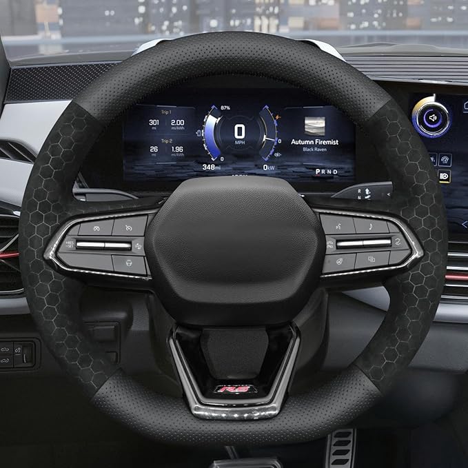 MEWANT DIY Perforated Genuine Leather Embossed Athsuede Steering Wheel Cover for Chevy Equinox RS Silverado EV RST 2025