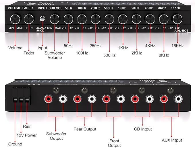 Facmogu 9-Band Car Audio Equalizer, Car Graphic Equalizer EQ W/Front, Rear + Sub Output, 8V RMS Line Driver, Adjustable Audio Output for Car, Boat, W/CD/AUX Input Select & White Light Illumination