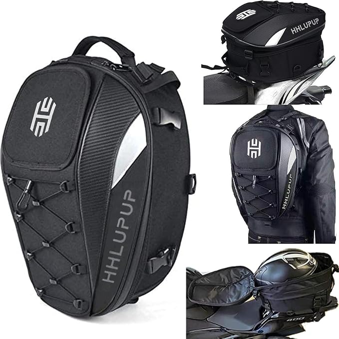 Motorcycle Tail Bag Seat Helmet Large Capacity Dual Use Motorcycle Backpack, 25L-38L Waterproof Luggage Bags White