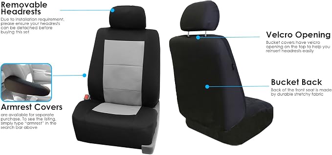 FH Group FB085114 +F11306 Premium Waterproof Seat Covers (Gray) Full Set – Universal Fit for Cars Trucks & SUVs