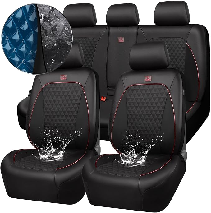 CAR PASS Leather Car Seat Covers Gel Wetsuit PU Full Set Seat Covers Waterproof EVA All Weather Neoprene Universal Fit Pickup SUV Truck Sedan Automotive, Armrest Airbag Compatible, Rhombic Red Strip