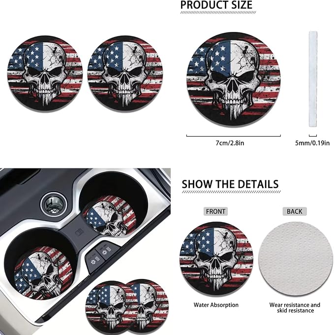 Howilath American Flag Skull Car Seat Cover Full Set 13 Piece Anti-Slip Front Back Seat Covers with Auto Steering Wheel Pads/Seat Belt Cushion/Keychains/Cup Mat Accessories Interior Decor