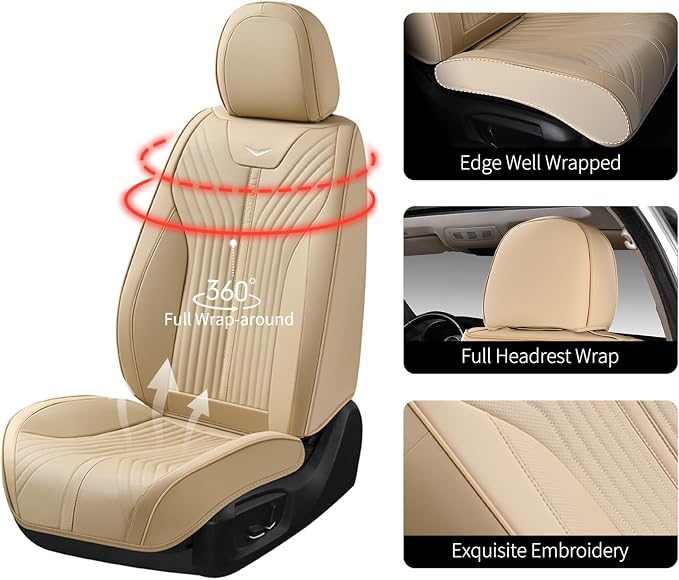 FLORICH Car Seat Covers Full Set Leather Front and Rear Seat Covers Luxury Automotive Car Seat Cover Car Seat Cushion Seat Protector Universal Fit for Most Cars Trucks SUV, Beige