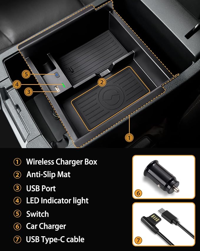 CarQiWireless 2024 Upgrades Wireless Charger/Center Console Organizer Tray for Toyota 4runner 2010-2024 2023, Wireless Phone Charging Pad for Toyota 5th Gen SR5 TRD Truck Accessories 2021 2020