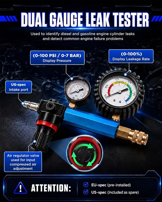 47PCS Compression and Leakage Tester Kit for Diesel & Petrol, Dual Gauge Compression & Leak Down Test, 0-700 PSI / 0-50 Bar, Compression Cylinder Leakdown Test Kit for HDI, TDCi, Pumpe Duse