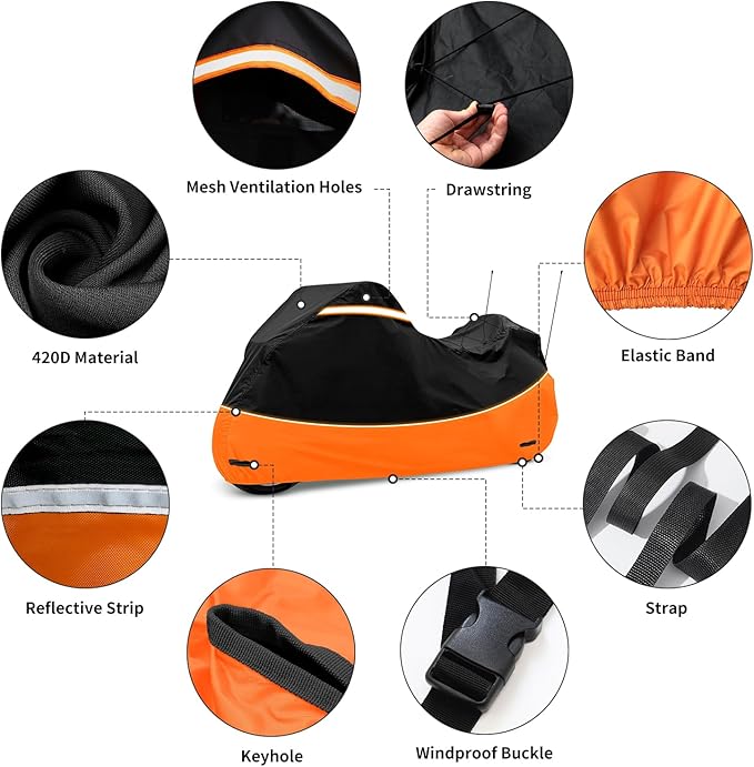 Heavy Duty Waterproof Motorcycle Cover with Side & Top Box Reflective Strips for Harley Ultra Limited Ultra Classic Road Glide Electra Glide, 110" L x 43" W x 55" H,Black & Orange
