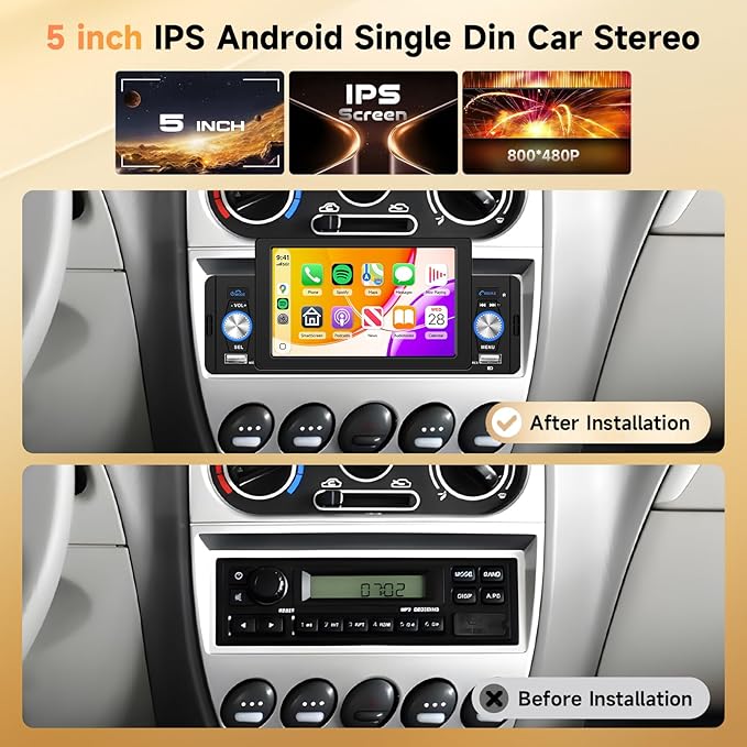 Carplay Single Din Radio 5 Inch Touch Screen Car Stereo with Car Play Android Auto, Bluetooth 5.1, HD Backup Camera, Mirror Link, Siri Voice Control, USB, FM, SWC, Dual Mic, Remote Control