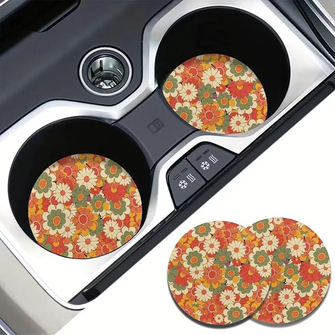 12 Pcs Beauty Hippie Floral Car Seat Cover Sets for Women Rainbow Boho Groovy Flowers Auto Steering Wheel Cover Seatbelt Pads+Daisy Cup Coasters+Keychains,Retro 70S Car Interior Set