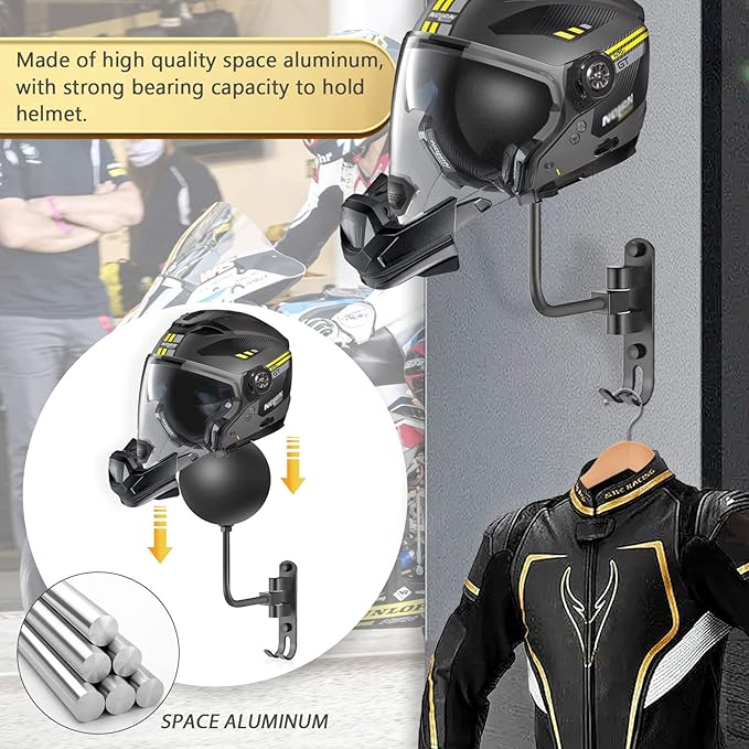 Motorcycle Helmet Holder Wall Mount 180 Degree Rotation Metal Bike Helmet Rack Mount Bicycle Helmet Display Stand Hanger with 2 Hooks Accessories for Motorcycle Bike Baseball Rugby - Gray, 2 Pcs