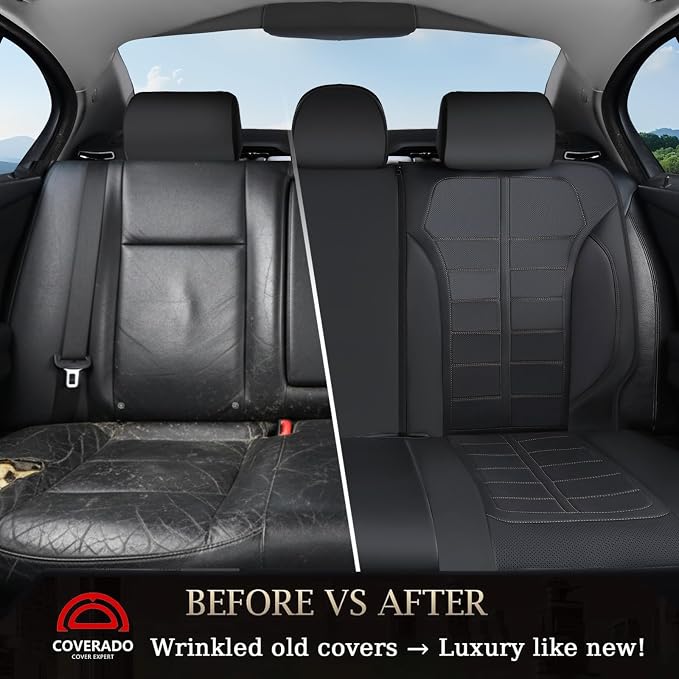 Coverado Full Set Leather Car Seat Covers, Crafted with Full Leather Construction and Carbon Fibre Weave Universal Fit for Most Cars SUV Trucks(Black