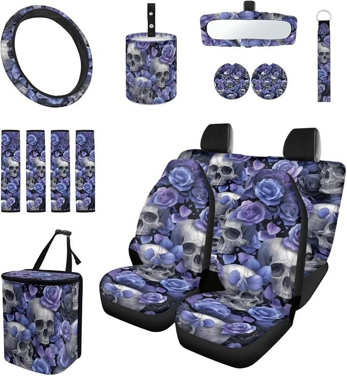 15 Pcs Light Purple Skull Car Seat Covers Full Set for Women Goth Accessories Interior Car Steering Wheel Cover Seatbelt Covers Trash Bin Rear View Mirror Cover Cup Holders Keychain