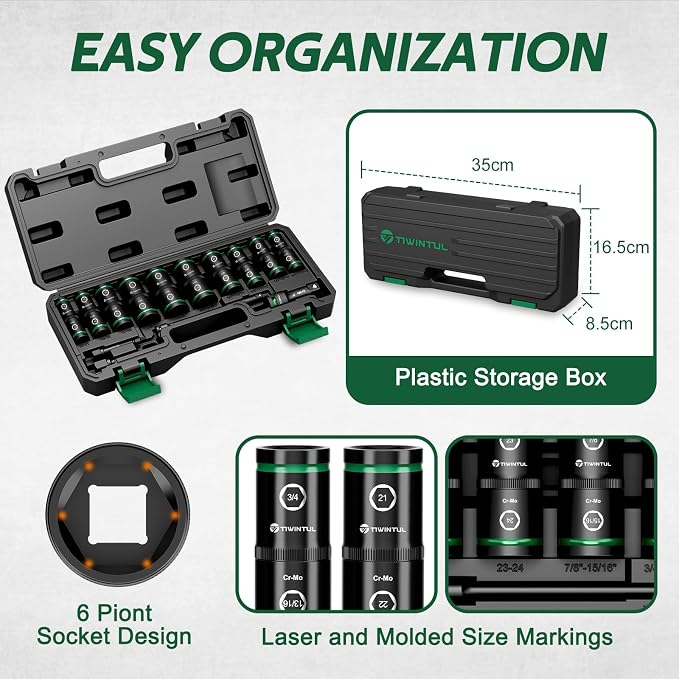 Lug Nut Impact Socket Set, 14Pcs 1/2" & 1/4" Metric & SAE Socket Set, CR-MO Steel, 20-IN-10 Deep Flip Socket Set, Thin Wall Wheel Protector Nut Socket with Extension Bar & Adapter