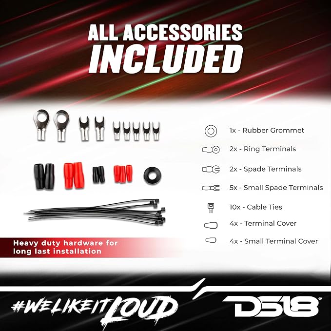 DS18 AMPKIT8 8 Gauge Amp Kit Amplifier Install Wiring 8 Ga Pro Installation Cables, 800 w (8 Gauge)