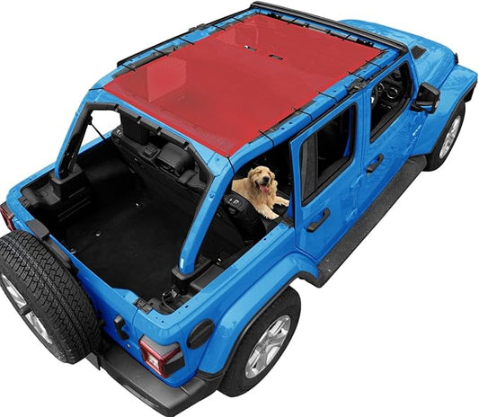 JL Top Sun Shade Roof Compatible with Jeep Wrangler 2 or 4 Door 2018 to 2023 Sunshade Sunroof Cover Blocks UV Wind Noise Cherry Red Mesh for Full Length