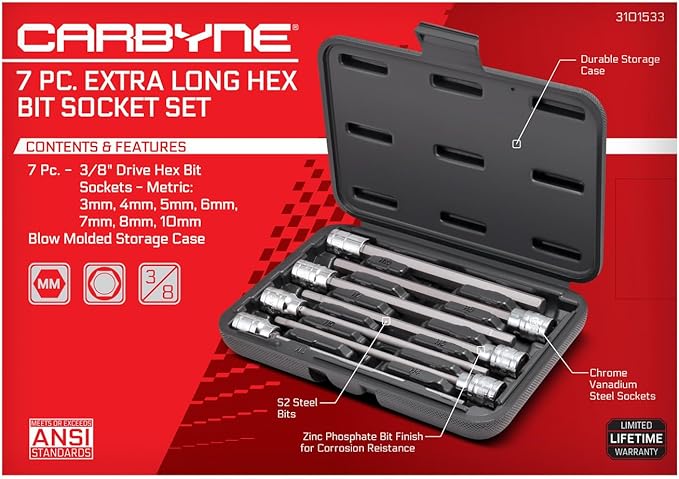 CARBYNE 7-Piece Metric Extra Long Hex (Allen) Bit Socket Set, 3mm to 10mm, 3/8 in. Drive, S2 Steel Bits, CrV Sockets, 6.1 in. Overall Length for Deep-Reach Access, Durable Storage Case