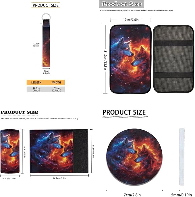 18 Pcs Flame Wolf Print Car Seat Covers Full Set Car Accessories Set Auto Steering Wheel Cover Floor Mats Armrest Pad Covers Seat Belt Pads Handle Wraps Cup Coaster Keychain