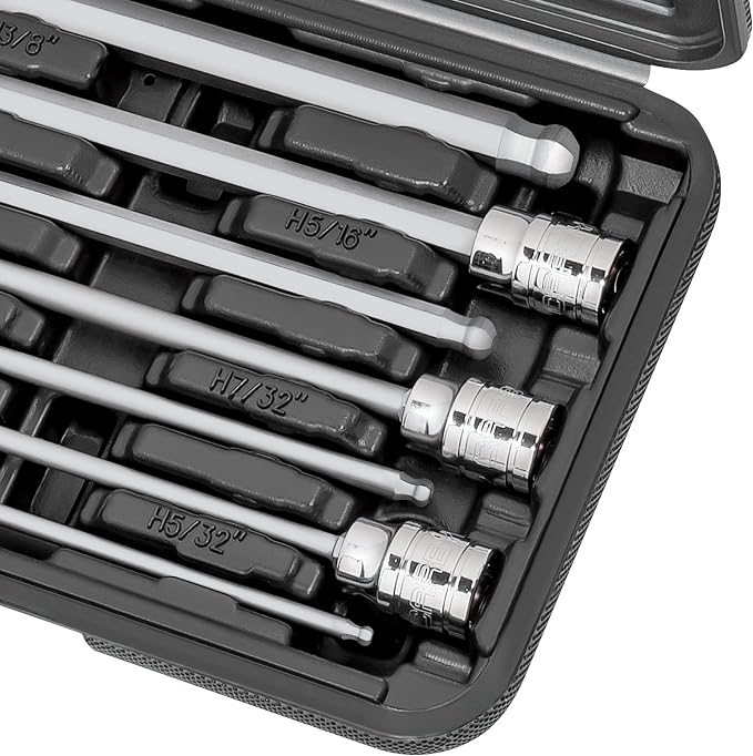 CARBYNE 7-Piece Extra Long Ball End Hex (Allen) Bit Socket Set, SAE 1/8 in. to 3/8 in., 3/8 in. Drive, S2 Steel, CrV Sockets, Zinc Phosphate Bit Finish, 6.1 in. Length, Durable Case