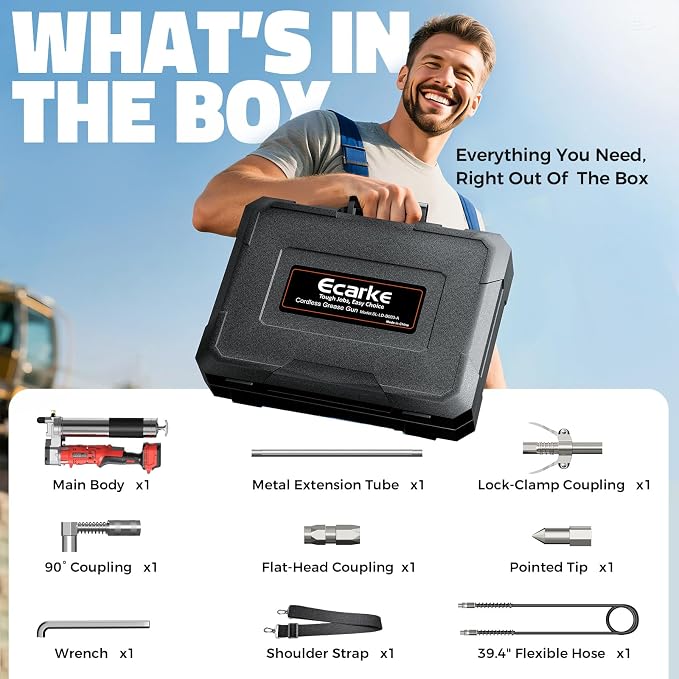 Ecarke Cordless Grease Gun Compatible with Milwaukee 18V Battery, 12000PSI Max Electric Grease Gun, Dual Pistol & in-Line Grip, Works with Bulk & Cartridge Grease, 39" Hose & 4 Couplers (Tool Only)