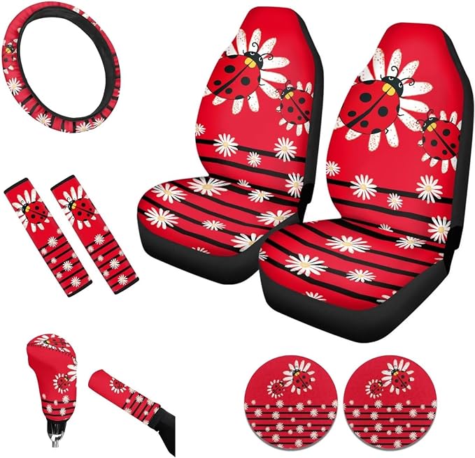 Tupalatus Funny Ladybugs 9 Pcs Front Seat Covers Set Washable Steering Wheel Cover Car Seat Belt Pads Cover Coasters Gear Shift Hoodie Handbrake Cover for Auto Trucks Van SUV