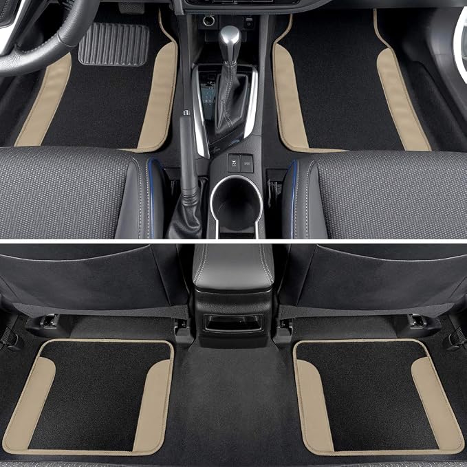 BDK CarXS Beige Car Seat Covers Full Set with Matching Set of Floor Mats for SUV & Truck – Truck Front Seats & Rear Bench Cover Seats Protector Car Mats Full Set Interior Seat Covers