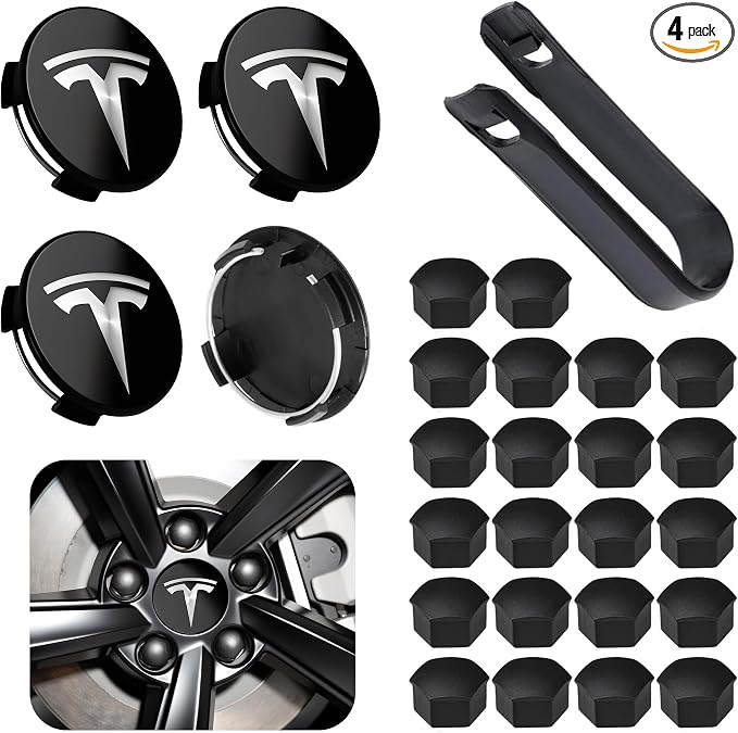 4 Pack Car Wheel Center Hub Cap Kit with 22 Lug Nut Covers, 2.2 in (56mm) Wheel Rim Covers Center Hubcaps with Emblem for Model 3 / Model Y, Black & Silver Exterior Decoration for Tesla
