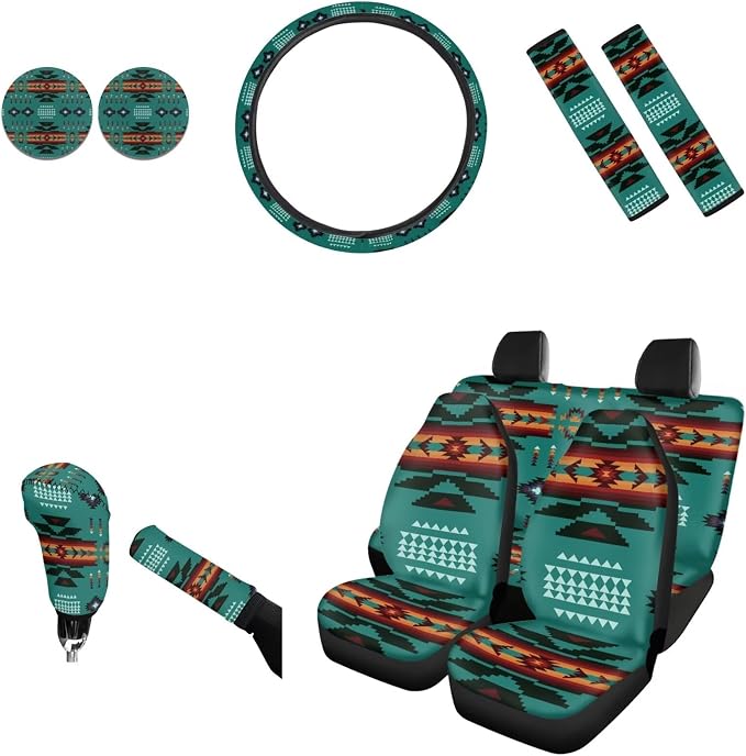 AFPANQZ Green Aztec Tribal Car Seat Covers Full Set 11 Packs Steering Wheel Cover + Safety Seat Belt Pads + Car Cup Holder Coaster + Handrake Cover + Gear Shift Knob Cushion for Men Women