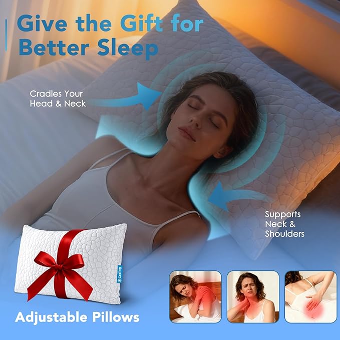QUTOOL Cooling Pillow for Sleeping, CertiPUR-US Shredded Memory Foam Standard Pillow Set of 1, Cool Pillow for Hot Sleepers Adjustable Firm Pillow for Side,Back,Stomach Sleepers Soft Yet Support,White