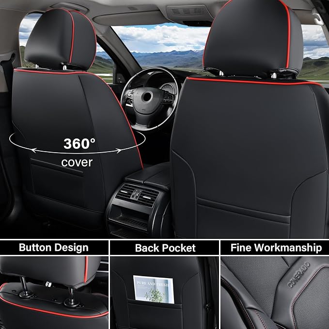 Coverado Car Seat Covers Full Set, Premium Nappa Leather Seat Covers for Car, Waterproof Car Seat Protector with Lumbar Support, Car Seat Cover Universal Fit for Most Cars SUV Truck(Black&Red)