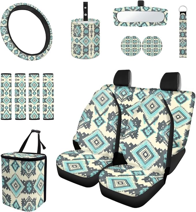 Aztec Style Print Car Seat Covers Set of 15 with Universal Steering Wheel Cover, Rearview Mirror Cover, Car Trash Can, Seatbelt Pads, Cup Holder Coasters, Keychains