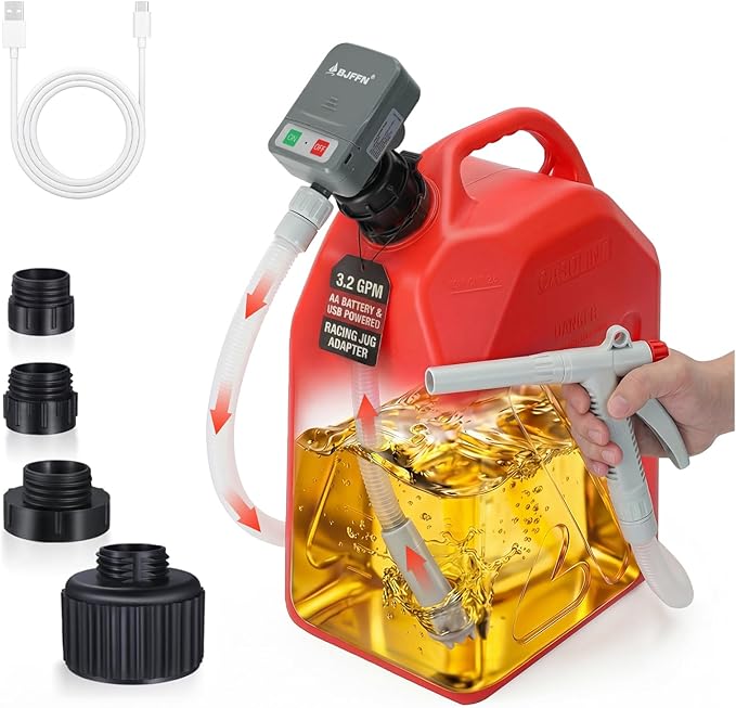 Gas Can Fuel Pump Portable - Gifts for Men, Fast 3.2 GPM Flow Rate, 51” Flexible Intake Hose, 4 Tank Adapter, for Gasoline, Kerosene, Diesel, Non-Potables grey plus