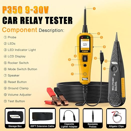 P350 Power Circuit Probe Tester with 40FT Cable & Bendable Probe - Car Relay Tester, Fuse Tester, Circuit Breaker Finder Tool for 12V/24V Cars, Trucks, Boats, Trailers