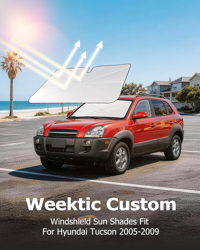 Weektic Custom Windshield Sun Shade Umbrella for Hyundai Tucson 2005-2009, [Double Thickened Ice Crystal Coating] Sun & Heat Protection, Keep Vehicle Cool & Protect Interior