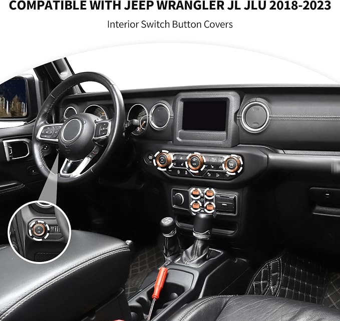 JeCar JL Switch Button Covers Window Control Air Conditioner Headlight Volume Radio Knob Trims Interior Accessories Compatible with Jeep Wrangler JL JLU 2018-2026 & Gladiator JT 2020-2026, Orange