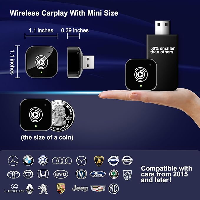 2025 Upgraded Wireless Carplay Adapter for iPhone, Plug&Play Auto-Connected Carplay Wireless Adapter Stable Fit for Cars-No Latency, BT5.3 CarPlay Dongle for Apple iPhone iOS 10+,Brown