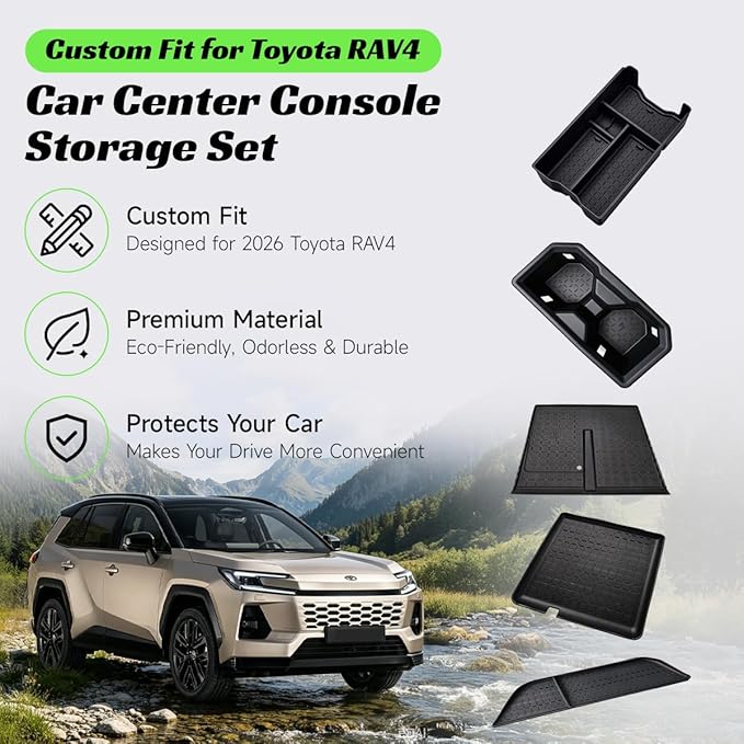 Interior Organizer Bundle for Toyota RAV4 2026,3-in-1 Set with Center Console Organizer Tray,Cup Holder Insert & Silicone Dash Mats–Custom Fit Anti-Slip Storage Accessories for 2026 RAV4