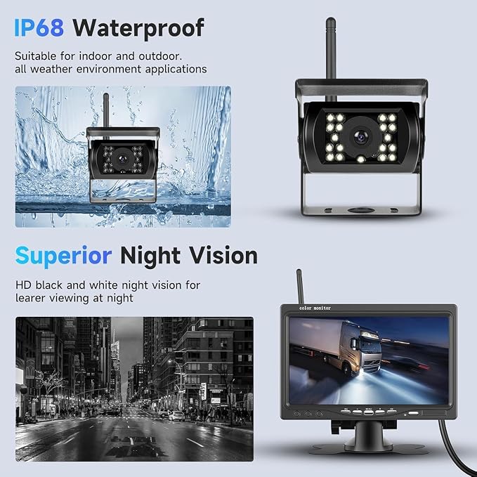 Wireless Backup Camera System for Vehicles, 7" HD Reserve Monitor, Digital 50% Clearer Signal, BSD(Blind Spot Detection), IP68 Waterproof, Easy No-Wire Install for Camper Truck Trailer Fifth Wheel RV
