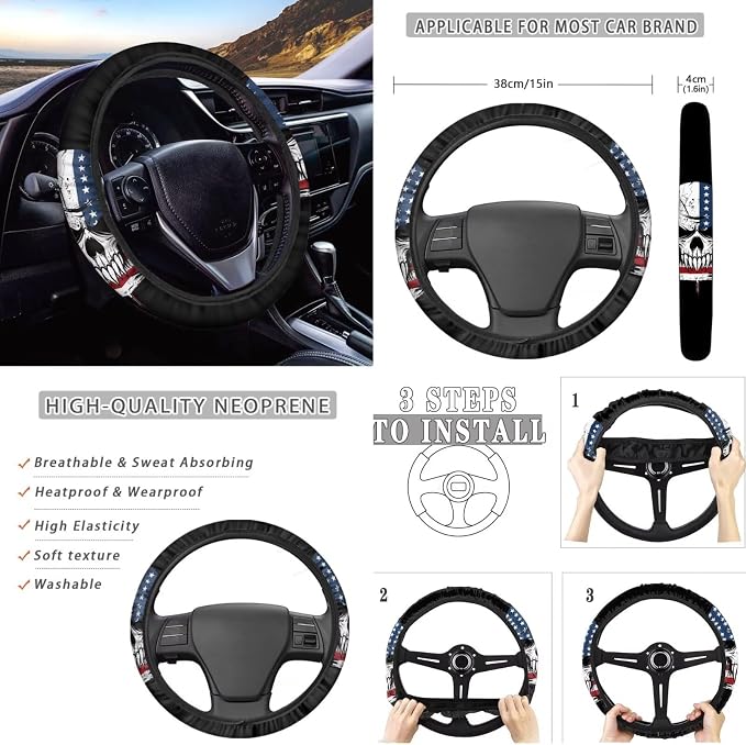Howilath USA Flag Skull Car Front Seat Cover with Interior Accessories Center Console Cover+Steering Wheel Cover+Seatbelt Pads+Keychain+Coasters Set of 10 Fit Sedan Truck Van