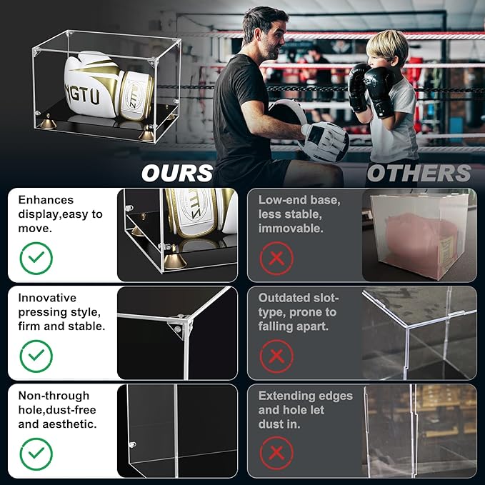 KOLIPI Boxing Glove Display Case, Clear Acrylic Display Case with Double Layer Base for Full Size Boxing Glove, Self-Assembly Showcase Protector for Signed Memorabilia