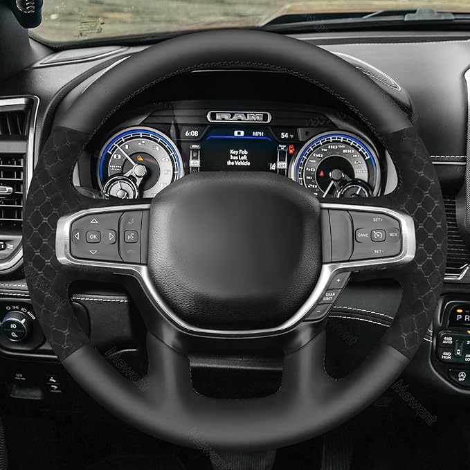 MEWANT Hand-Stitched Steering Wheel Cover Wrap for Dodge Ram 1500 2019-2023 Steering Wheel Accessories for Dodge Ram(Backsides Without Buttons)