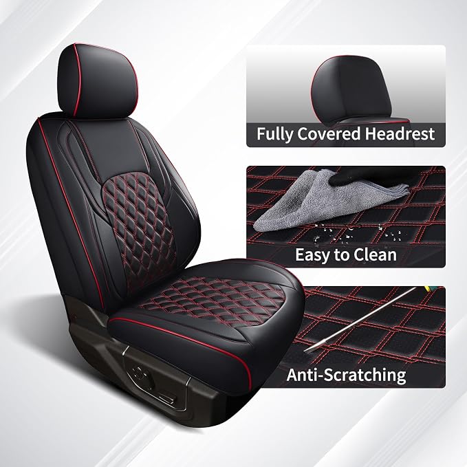 Huidasource Wrangler JK Seat Covers 2 Door Full Set, Front & Rear Full Coverage Leather Car Seat Cushion Protector Fit for Jeep Wrangler JK 2-Door Sahara Sport Rubicon 2007-2017(Full Set/Black&Red)