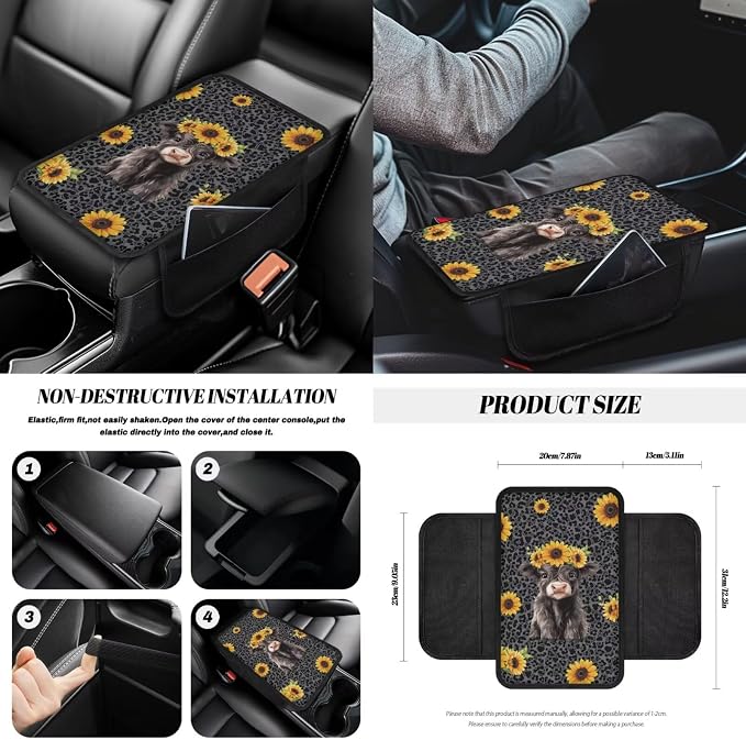 Highland Cattle Print 14Pcs Car Interior Cover Set Sunflower Leopard Print Car Front Rear Seat Covers Steering Wheel Cover Center Console Pad Safety Belt Pads for Men Women