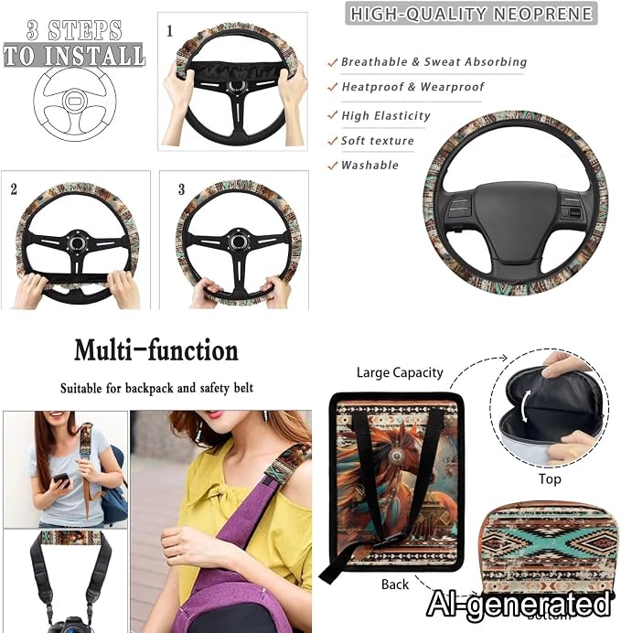 Dreaweet Navajo Car Seat Covers Full Set Tribal Horse Seat Covers with Steering Wheel Cover Seat Belt Pads Car Coaster Trash Can Air Vent Holder Rear View Mirror Cover Keychain Universal Fit