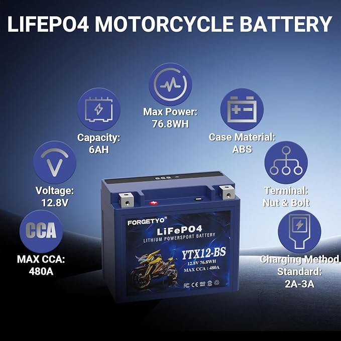 Lithium YTX12-BS, Forgetyo 12V 6AH 480A LiFePO4 Motorcycle Battery, ATV, UTV, Jet Ski, 4 Wheeler,Snowmobile,Tractor and Generator Battery