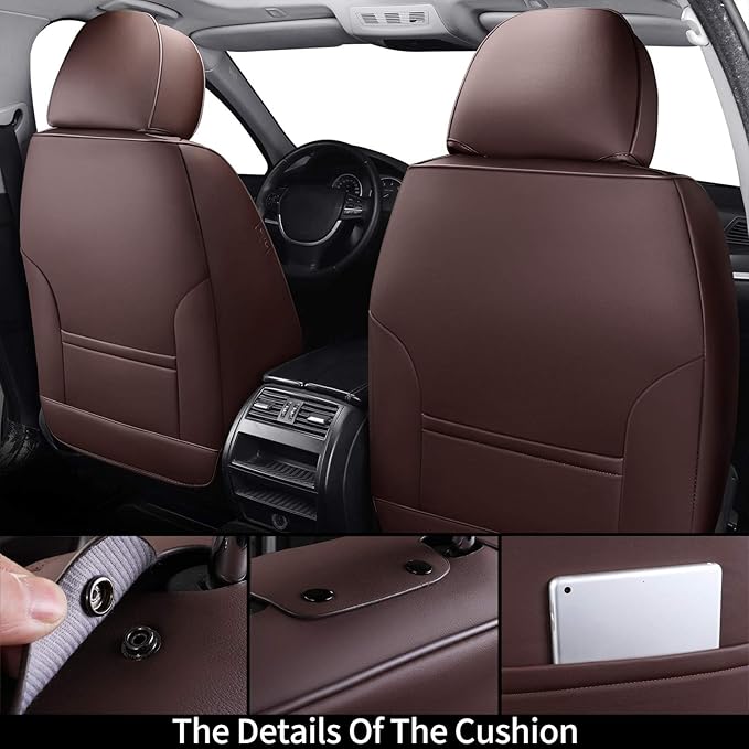 Coverado Front and Back Seat Covers, Waterproof Nappa Leather Auto Seat Protectors Full Set with Head Pillow, 5 Pieces Universal Car Accessories Fit for Most Sedans SUV Pick-up Truck, Brown