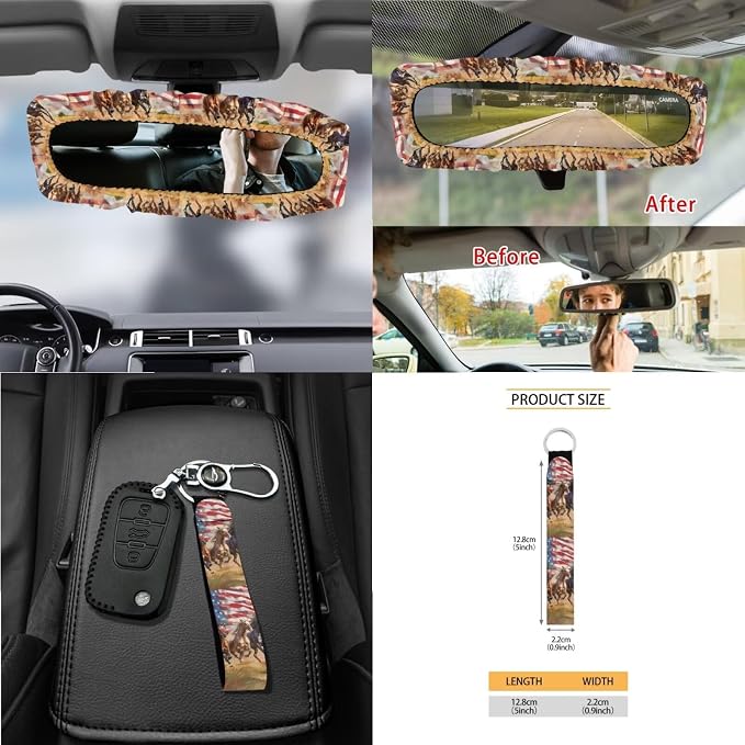 Horse American Flag Print Full Set with Front Back Seats Steering Wheel Covers, Trash Can, Air Vent Bag, Auto Seat Belt Pads, Mirror Cover, Cup Holder Coaster for Women Men