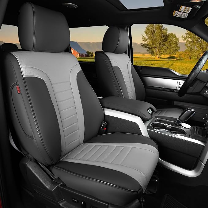 HKZ Custom Fit Seat Covers for Ford F150 - Leather Seats Protector (Black+Grey, Front Seat Set for 2012-2014,All Models)