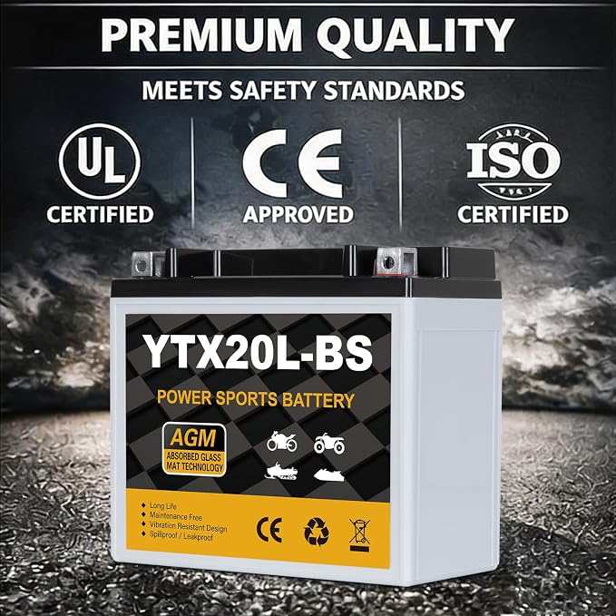 YTX20L-BS 12V 18Ah Motorcycle Battery, 310CCA Sealed AGM Maintenance Free Powersport Battery, Replacement for ATV, UTV, Harley, Scooter